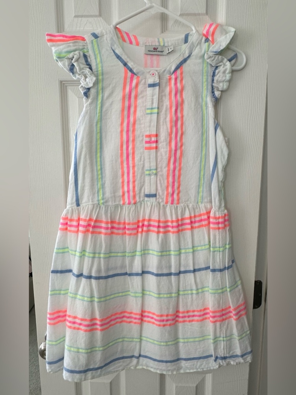 Vineyard Vines Stripe Ruffle Sleeve Dress - Neon Pink & Pastel Stripes